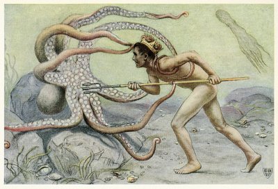 Ele era muito corajoso e forte e lutou com o grande polvo do Great Sea Horse, pub. 1909 de John Elliot