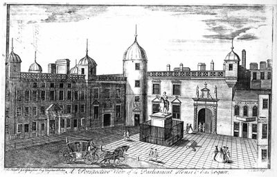 Uma vista em perspectiva do Parlamento e do Exchequer, Edimburgo, gravado por A. Bell de John Elphinstone