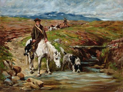 Cavalo e Spaniel bebendo de um córrego de John Emms