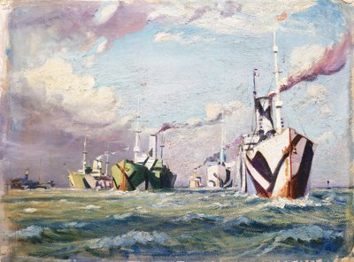 Um Cunarder (navio a vapor), c.1918 (óleo sobre cartão) de John Everett