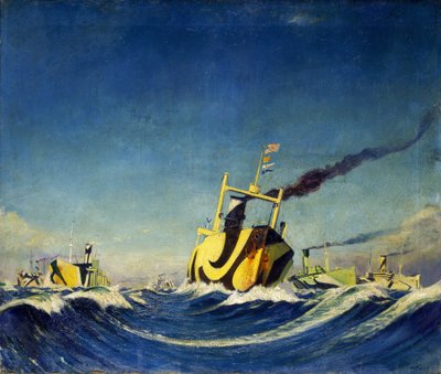 Um comboio de navios cujo casco está coberto com padrões utilizados para camuflagem durante a Primeira Guerra Mundial. de John Everett