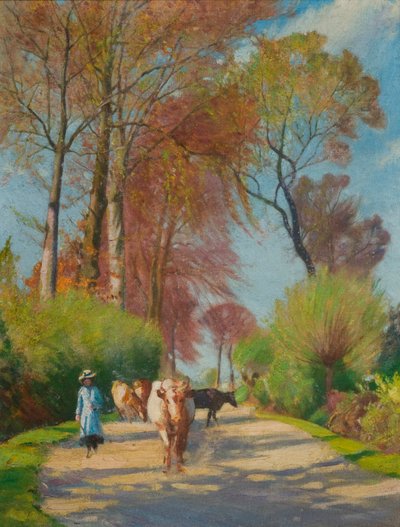 Country Lane com Figura e Vaca (óleo a bordo) de John Everett