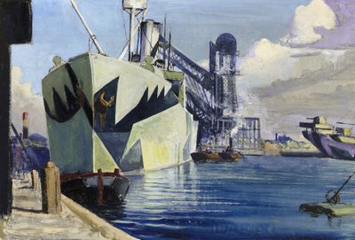 Doca do Canadá em Liverpool, com um navio de guerra ancorado, pintado com uma camuflagem colorida. Pintura de Herbert Barnard John Everett (1876-1949) de John Everett