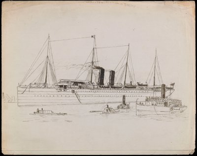 PAH1225; Navio a vapor perto de uma costa com um rebocador ao lado. Navio de passageiros com rebocador e navio a vapor de pás Tilbury nas proximidades (desenho) de John Everett