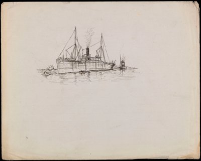 PAH1225; Navio a vapor perto de uma costa com um rebocador ao lado. Navio de passageiros com rebocador e navio a vapor de pás Tilbury nas proximidades (desenho) de John Everett