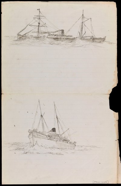 PAH1228; Esboços de um navio de guerra e de dois outros navios da Marinha Real (desenho) de John Everett