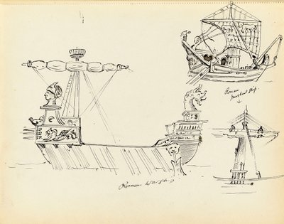 Esboço de um navio de guerra romano, de parte de um navio mercante romano e de uma embarcação com as velas colocadas, início do século XX (caneta, tinta preta) de John Everett