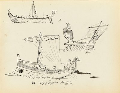 Esboços de embarcações antigas, incluindo um navio romano à vela e a remos e o navio de Odisseu, 500 a.C. (de um vaso), início do século XX (caneta, tinta preta) de John Everett