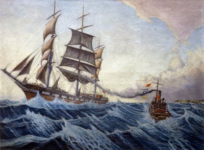 O "Iquique" e o rebocador "Warrior", no fundo da costa inglesa, numa viagem entre Londres, Inglaterra, e Sydney, Austrália, entre dezembro de 1898 e abril de 1899 de John Everett