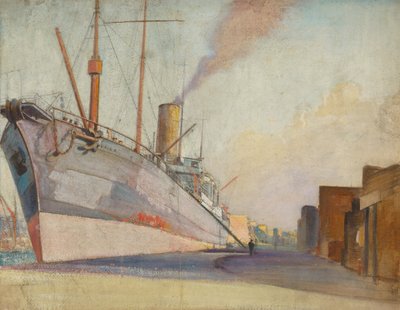 O navio lança-cabos "Telconia", c.1910-30 (óleo sobre papel) de John Everett