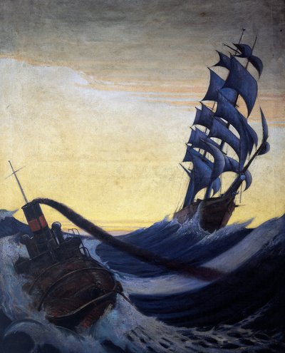 O veleiro "Cutty Sark" está a navegar a toda a velocidade na crista das ondas e um rebocador. Óleo sobre tela de John Everett