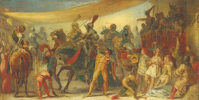 Cavaleiros se preparando para um torneio de John Everett Millais