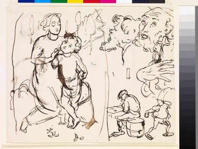 Folha de estudos caricaturando o estilo pós-raphaelesque, 1853 de John Everett Millais