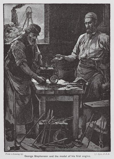 George Stephenson e o modelo do seu primeiro motor (litografia a cores) de John Eyre