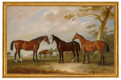 Intrepid, Conqueror e Bay Bolton com Silkman e Darnley mais além numa paisagem de John Ferneley