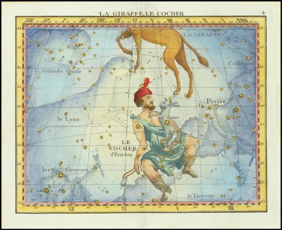Mapa estelar de 1776 das constelações Camelopardal  Auriga e constelações vizinhas, do Atlas Celeste de Flamsteed de Fortin de John Flamsteed