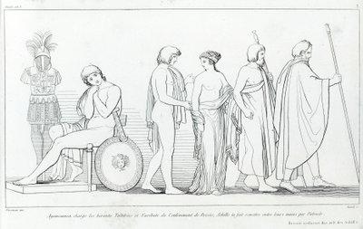 Agamémnon acusou os arautos Taltibius e Euribat do rapto do Briseis; Aquiles mandou entregá-lo às suas mãos por Patrulhas. Desenho de John Flaxman (1755 - 1826). A Ilíada de Homero. Cantando I de John Flaxman