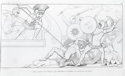 Ajax repele os troianos que procuram queimar os navios gregos. Desenho de John Flaxman (1755 - 1826). A Ilíada de Homero. Cantando XV. de John Flaxman
