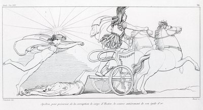 Apolo, deus do Sol, para preservar o corpo de Hector, cobre-o inteiramente com a sua ágide dourada. Cantando XXIV. Desenho de John Flaxman (1755 - 1826). A Ilíada de Homero. de John Flaxman