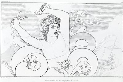 Episódio de Charybde e Scylla: seis dos companheiros de Ulisses são devorados. Desenho de John Flaxman (1755 - 1826). A Odisséia de Homero. Canção XII. de John Flaxman