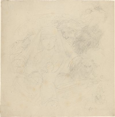 Figura vista por trás rezando para a aparição de uma cabeça com leões abaixo de John Flaxman