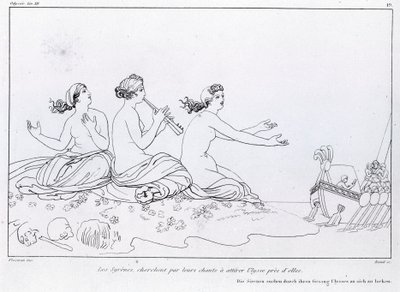 As sereias procuram, pela sua canção, atrair Ulisses. Desenho de John Flaxman (1755 - 1826). A Odisséia de Homero. Canção XII. de John Flaxman