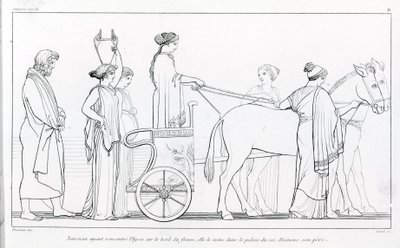 Nausicaa, que acabou de conhecer Ulisses, leva-o de volta ao palácio do seu pai, o rei Alkinoos. Desenho de John Flaxman (1755 - 1826). A Odisséia de Homero. Canção VI. de John Flaxman