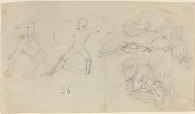 Folha de esboços, incluindo dois guerreiros lutando de John Flaxman