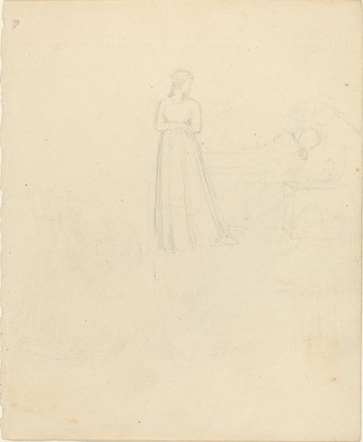 Figura feminina em pé olhando para figuras reclinadas e sentadas de John Flaxman