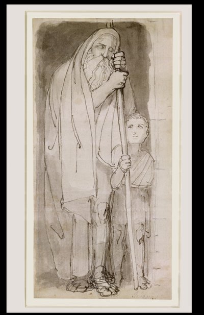 O cego Tirésias e um rapaz (caneta e tinta e lavagem sobre lápis sobre papel) de John Flaxman
