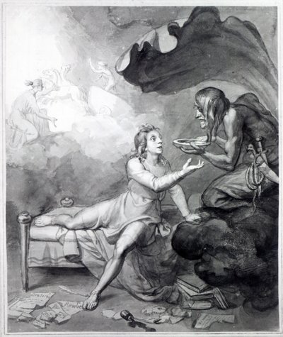 Thomas Chatterton recebe uma taça de veneno do Desespero (caneta, tinta e papel) de John Flaxman