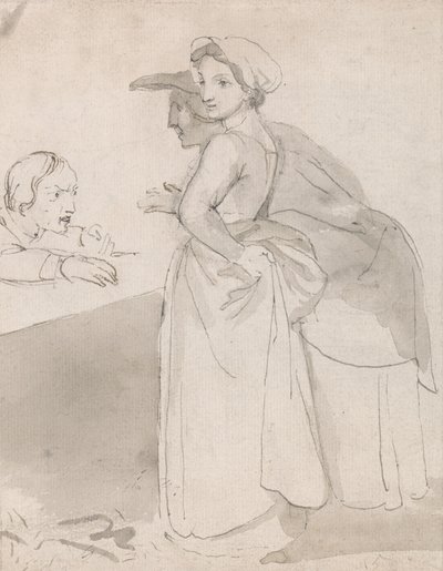 Duas mulheres a falar com um homem num balcão de John Flaxman