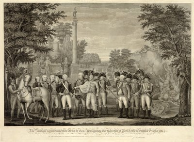 Os britânicos entregam suas armas ao General Washington após sua derrota em York Town, na Virgínia, em outubro de 1781, pub. 1819 (gravura) de John Francis (after) Renault