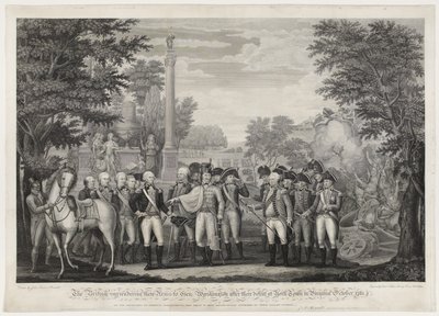 Os britânicos entregando suas armas ao Gen: Washington após a derrota em York Town, na Virgínia, em outubro de 1781. de John Francis (after) Renault