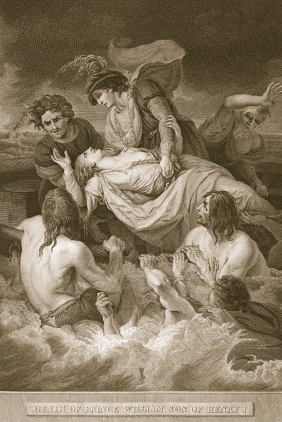 Morte do príncipe William, filho de Henry I, gravado por J. Stow, ilustração de "The History of England", de David Hume. por R. Bowyer, Londres, 1812 de John Francis Rigaud