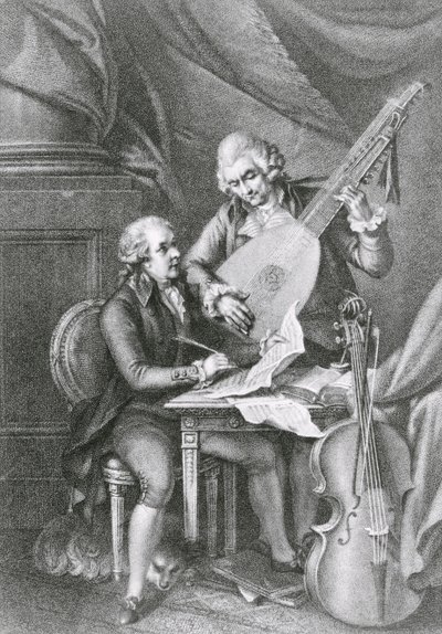 Retrato de Franz Joseph Haydn (1732-1809) e Wolfgang Amadeus Mozart (1756-91) compondo música para o alaúde, gravada por Michele Benedetti (1745-1810) de John Francis Rigaud