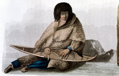 Menina indiana de cobre consertando sapato de neve, 1823 de John Franklin
