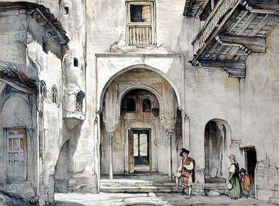 A Entrada para a Mesquita, de "Esboços e Desenhos da Alhambra", gravado por William Gauci (fl.1825-54) de John Frederick (after) Lewis