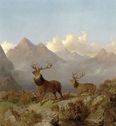 Detalhe de veados e hinds em uma paisagem das montanhas, 1864 de John Frederick Herring Junior