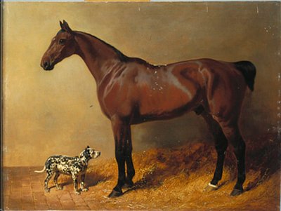 Um caçador de baía e um cachorro malhado em um interior estável, 1846 de John Frederick Herring Senior