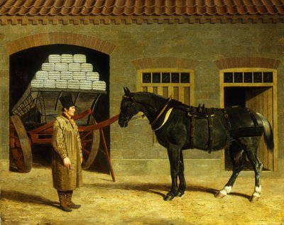 Um cavalo de carroça e motorista fora de um estábulo, 1827 de John Frederick Herring Senior