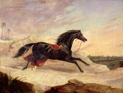 Árabes perseguindo um cavalo árabe solto em uma paisagem oriental de John Frederick Herring Senior