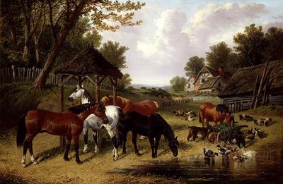 Cavalos junto a uma lagoa do pátio da fazenda (óleo sobre tela) de John Frederick Herring Senior