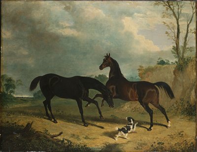 Caçadores e um Spaniel em uma paisagem arborizada, 1835 de John Frederick Herring Senior