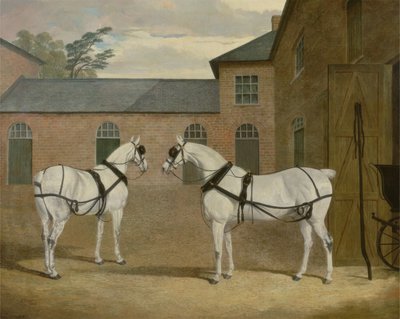 Cavalos Cinzentos de Carruagem do Sr. Sowerby no seu estaleiro em Putteridge Bury, Hertfordshire, 1836 de John Frederick Herring Senior