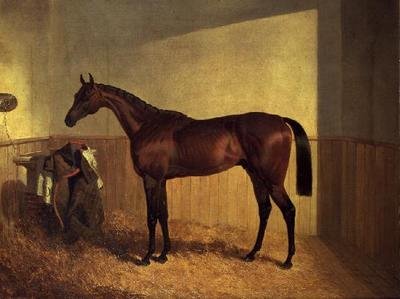 "The Merry Monarch", um cavalo de corrida na baía, numa caixa solta. de John Frederick Herring Senior