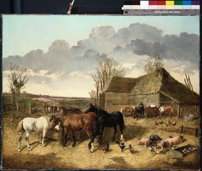 Cavalos comendo de uma manjedoura, com porcos e galinhas em um curral de John Frederick Herring Junior