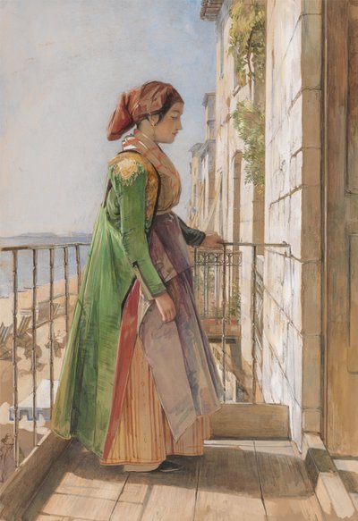 Uma rapariga grega de pé numa varanda de John Frederick Lewis