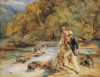 Sir Edwin Landseer, RA com um ghillie pescando salmão, possivelmente no rio Dart, perto de Holne, Devon (lápis e w - c com goma arábica e cor do corpo e arranhando no papel) de John Frederick Lewis