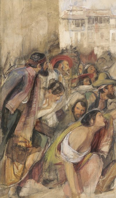 Estudo para a Proclamação de Dom Carlos, c.1834-28 (c - c & cor corporal sobre giz e lápis sobre papel) de John Frederick Lewis